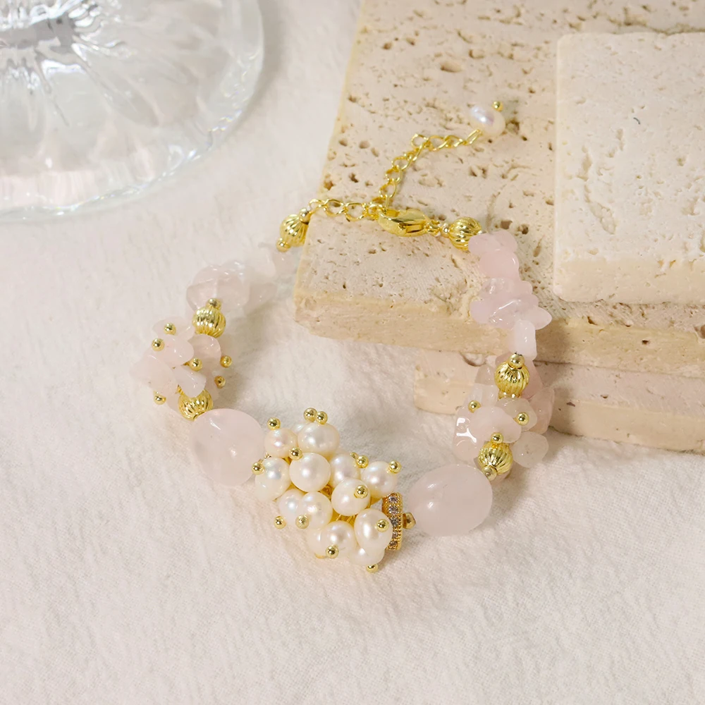 Natural Freshwater Pearls Pink Crystal Bracelet Retro Palace Style Fashion Jewelry Bracelet Gifts for Mom Wife GirlfriendGB1103