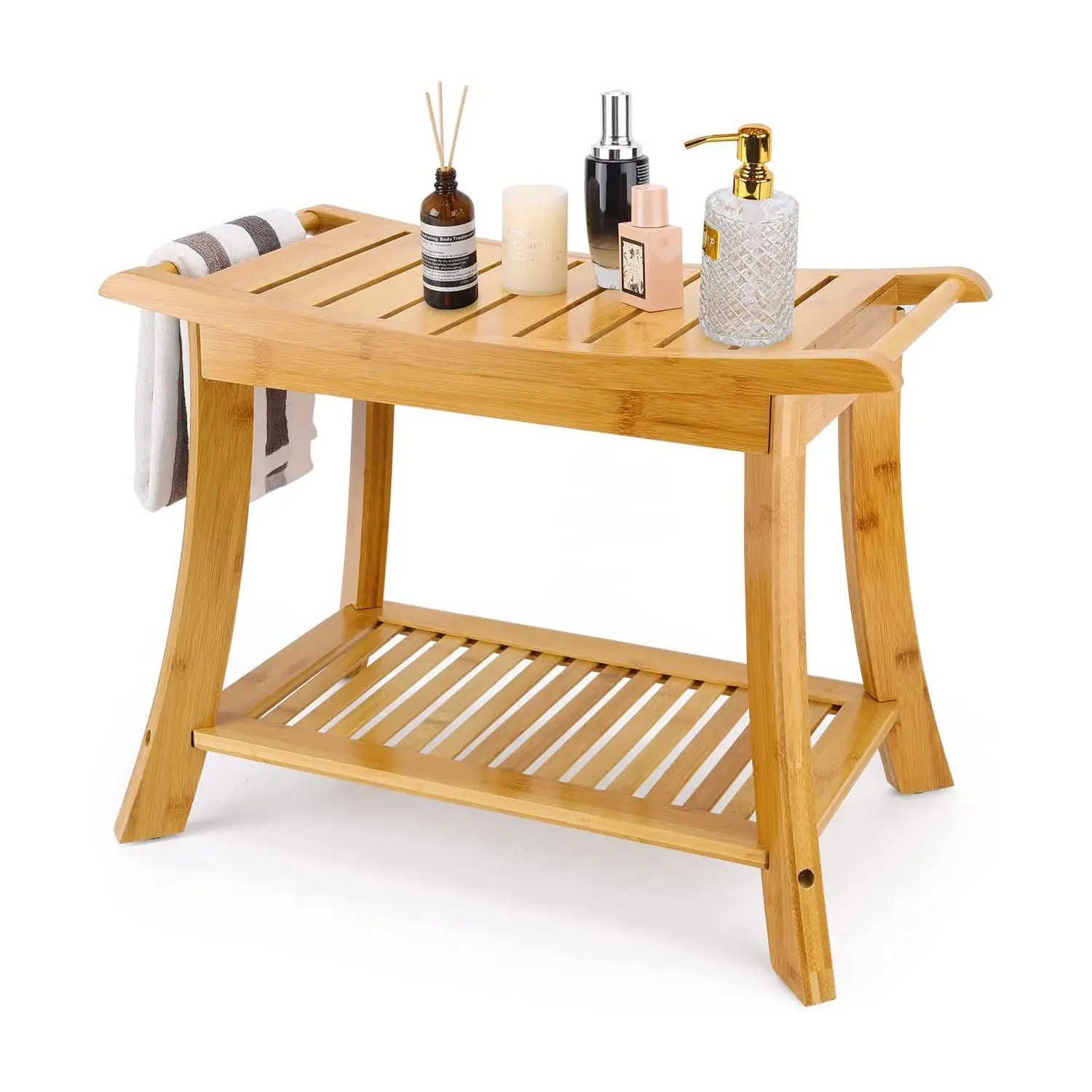 Bamboo Shower Bench Seat Portable Spa Bathing Stool Craft Bamboo Chair Bench Stool With Towel Shelf And Non Slip Rubber Feet