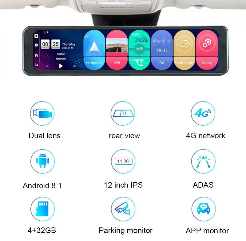 GPS Navigation 12 inch 4G Network Android 8.1 Sygic Map 4GB+32GB Car dvr HD Dual Camera Dashcam Parking monitoring Navigator