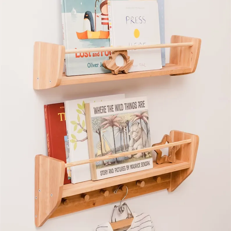 Baby Room Decor Nursery Wall Shelf with Hooks, Hanging Bookshelf, Kids Wall Shelves