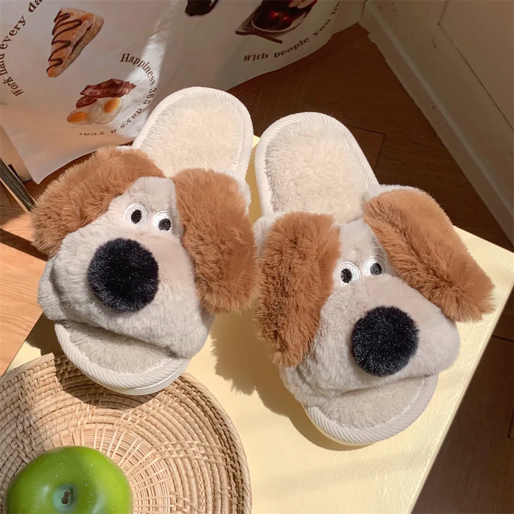 XIXITIAO fuzzy sandals dog house flat plush shoes indoor winter non slip cute animal plush slippers for women girls