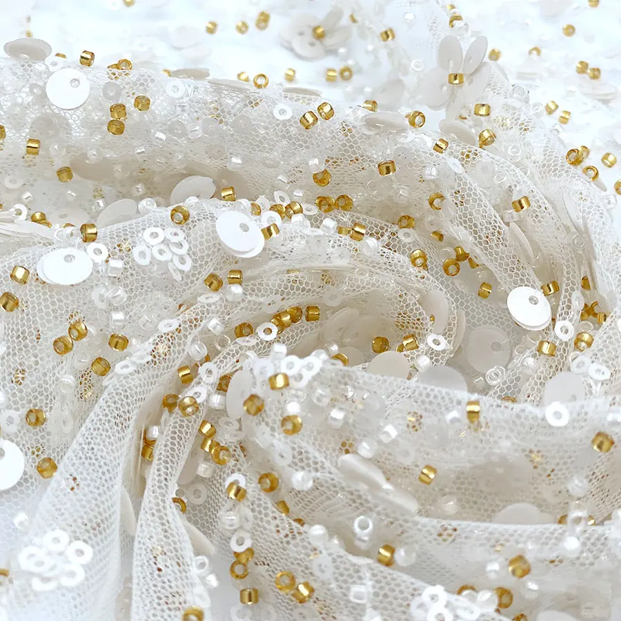 Wholesale luxury full polka dots colorful mesh gold beads lace fancy diamond tulle embroidered bridal dress sequin fabric