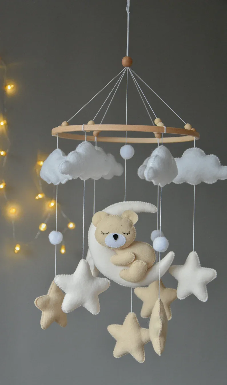 High quality custom made infant bed decoration soft toy nursery wall decor animal sleeping bear baby felt musical crib mobile
