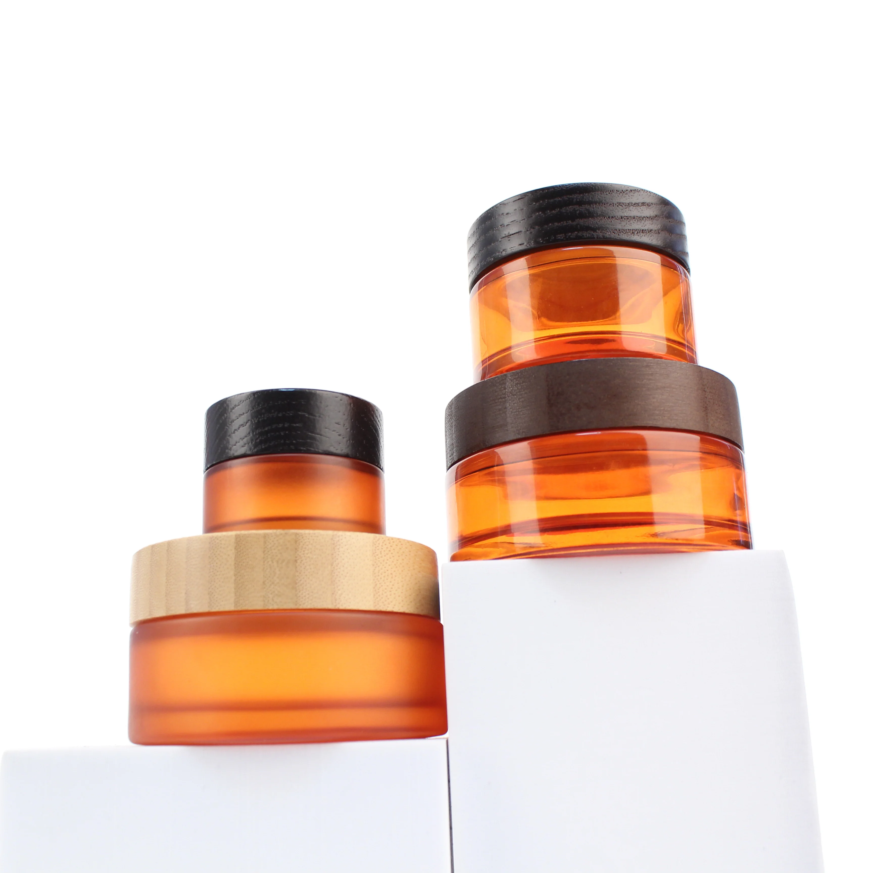 Hot Sale Luxury 5g 15g 30g 50g 100g 2oz 4oz Bamboo Cosmetic Packaging Amber Orange Cream Glass Jars with Bamboo Lid BJ12C