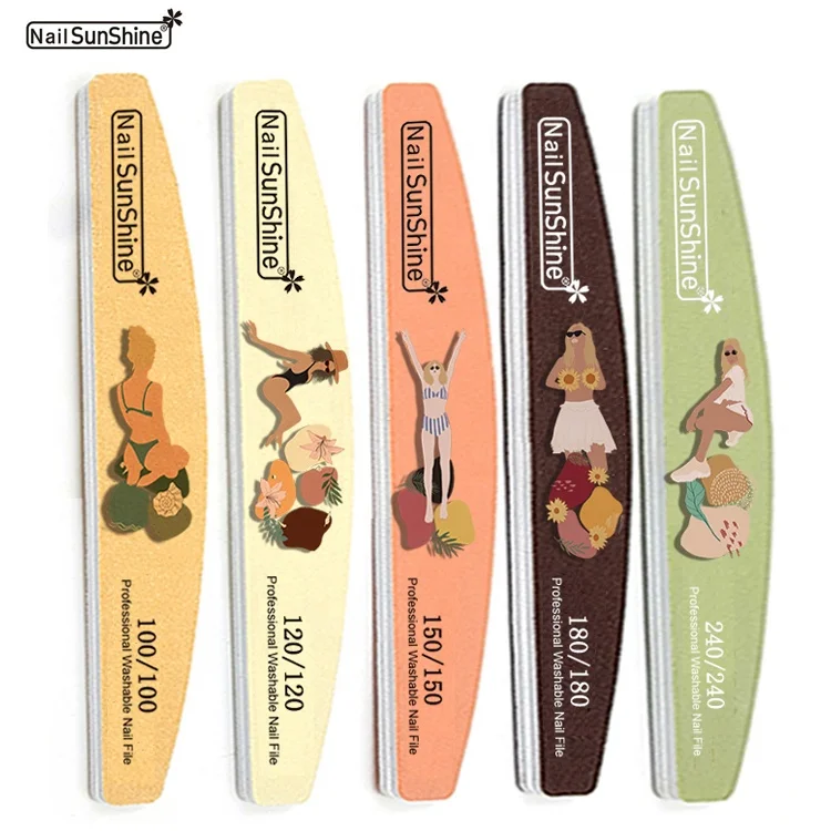 Half moon custom logo printed nail file macaroon emery sand 100/120/150/180/240 grain 1.8mm plastic core quality nail files