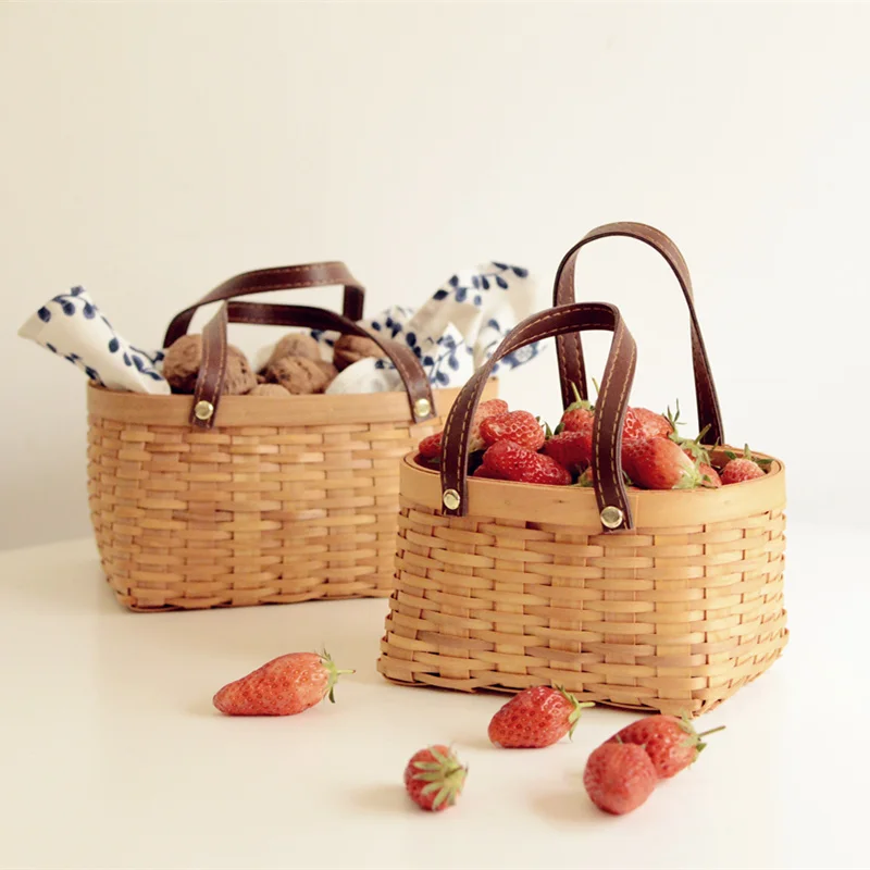 Wood storage bag wood baskets wholesale with leather handle for vegetable fruit bread or picnic