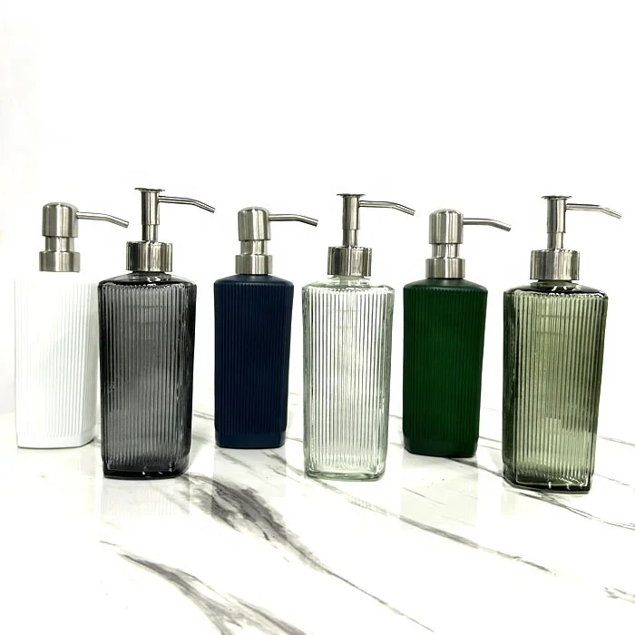 Bathroom clear green blue  glass shampoo bottles lotion soap Liquid Soap Dispenser bottles with stainless steel  pump
