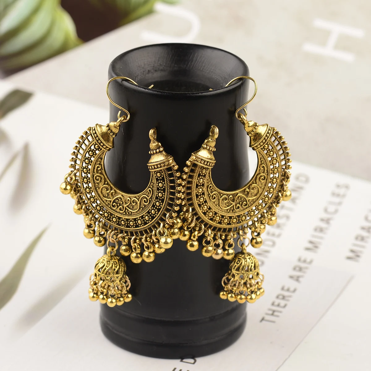Vintage Ethnic Gypsy Indian Earrings For Women Boho Jewelry Ladies Retro Round Bell Tassel Hollow Tassel Jhumka Earrings
