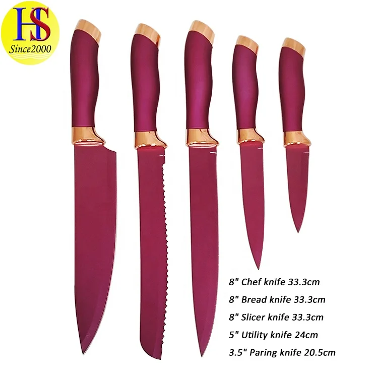 Набор кухонных ножей из нержавеющей стали с цветной ручкой и подставкой