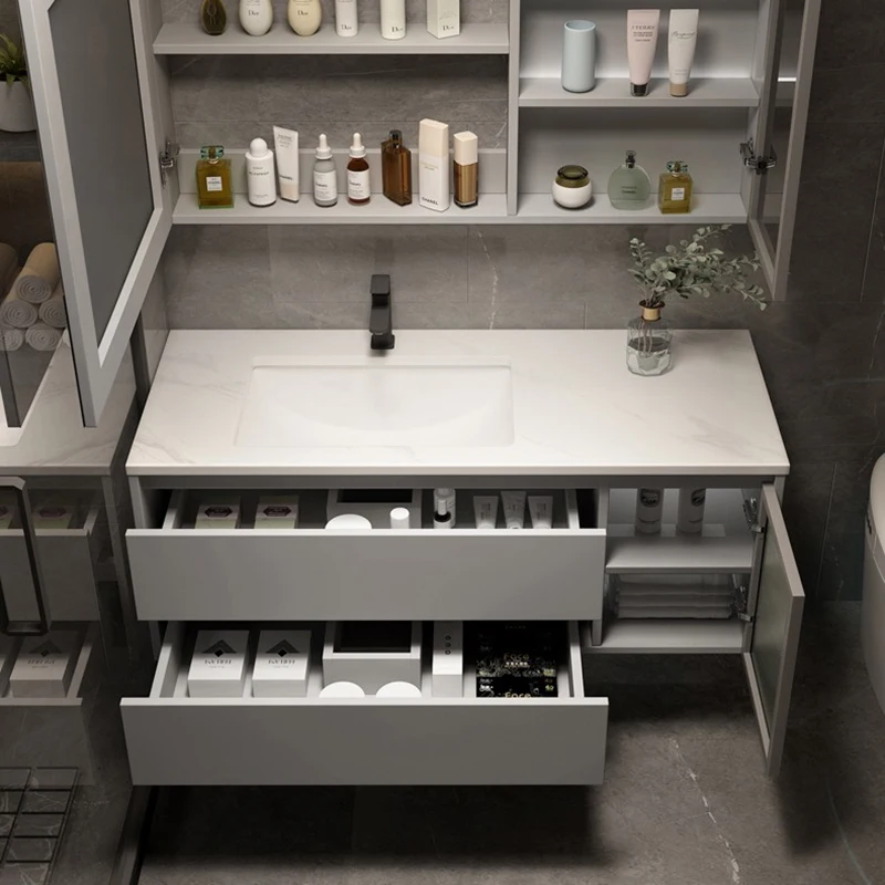 Modern Bathroom Sink Base Cabinets Slate Wash Basin Cabinets Design with Drawer and Glass Door