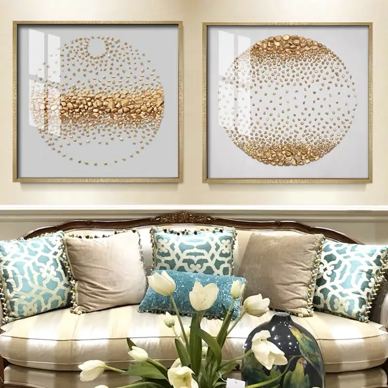 Luxury Aluminum Frame Living Room Sofa Wall 3d Picture of Golden Crystal Porcelain Wall Art
