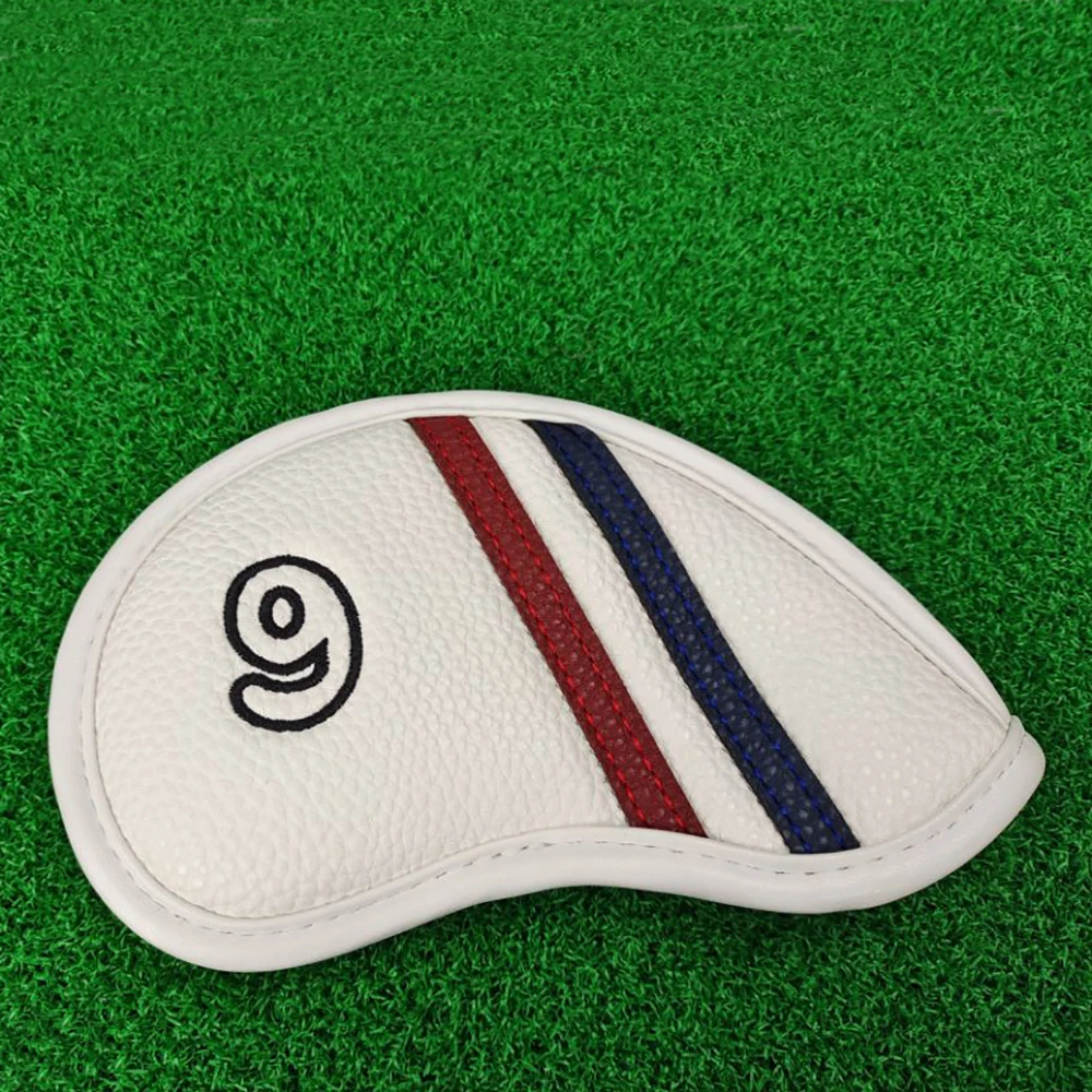 Factory supply White  PU  Leather  Red &Blue Stripes  Customized Logo Golf Club Iron Cover