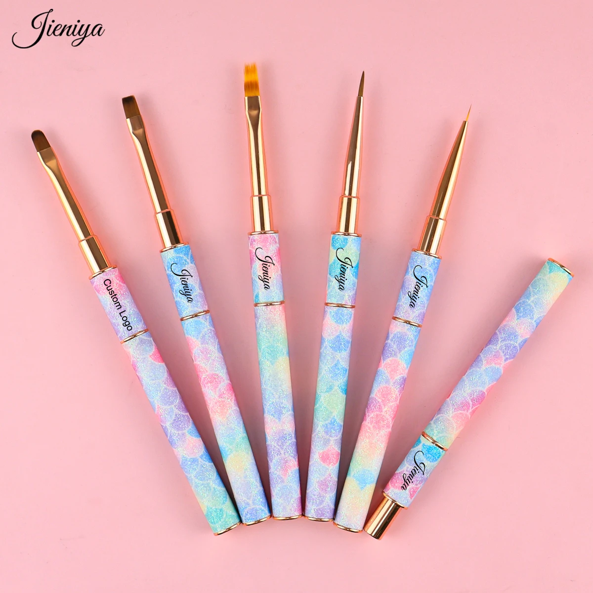 OEM&ODM Colorful fish scale texture glitter decorative non-slip handle liner oval flat nail art brushes set