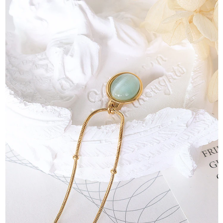 Oval Sky Blue Cymophane Opal 316L Stainless Steel Necklace Clear Stone 18K Gold Plated Necklaces Women French Vintage Jewelry