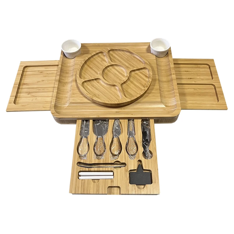 Charcuterie Board Square Wood Cheese Plate Platter Tray 3 4 Slide Out Drawers Bamboo Cheese Board With Knife Set