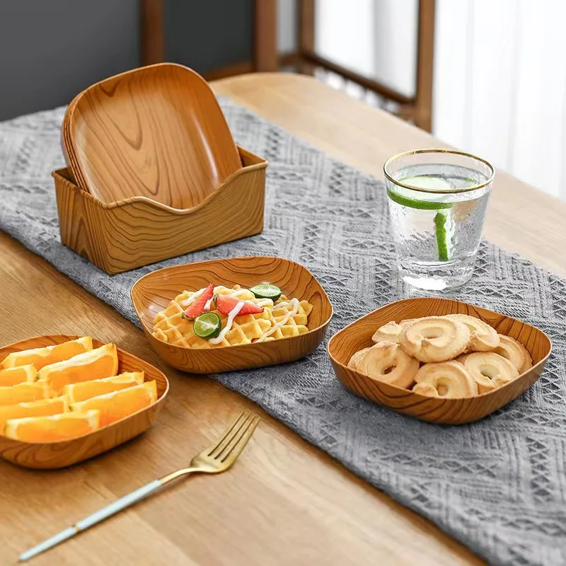 Hot Sale Simple wood grain bone spit dish set home commercial afternoon tea fruit plate nut snack plastic plate