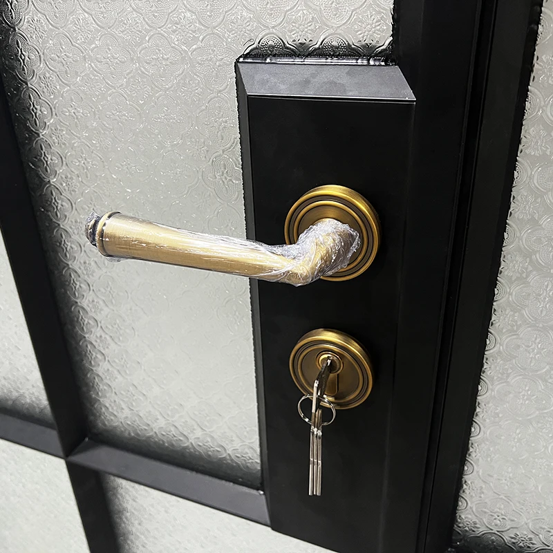 French interior doors Black arched swing double glass doors with opaque pattern laminated glass and vintage copper handles