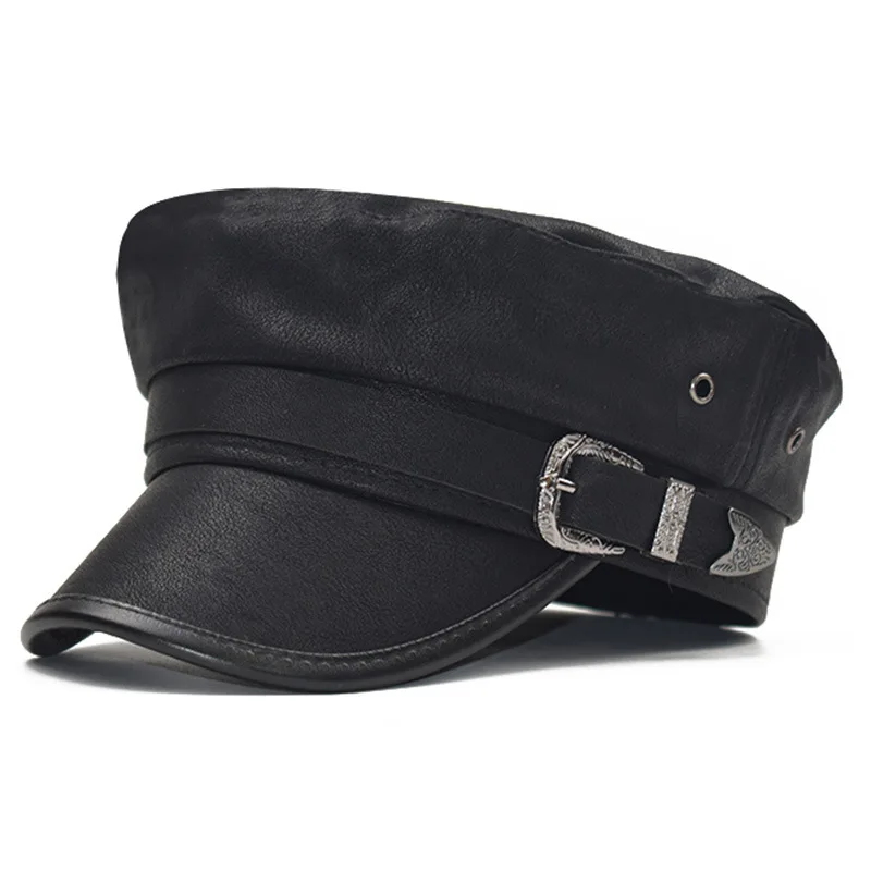 
New Fashion PU Leather Military Hat Autumn Sailor Hat For Women Men Belt Berets flat top Female travel cadet hat Captain Cap 