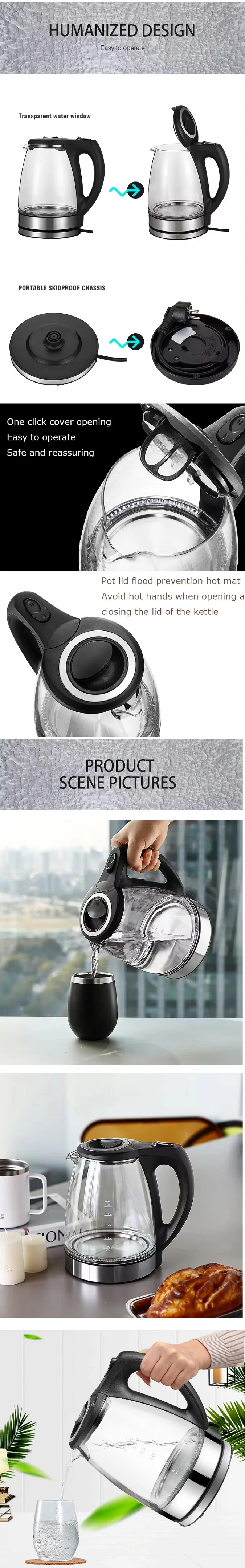 2024 Hot Sale Fashionable New Design 1.7 Liter Cordless Electric Glass Kettle with blue light for Hotel and Household Use