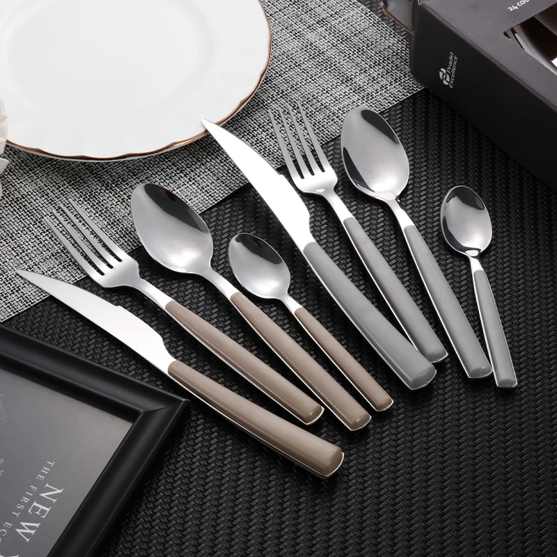 New design mirror polish 18/0 stainless steel hotel restaurant plastic handle 24pcs cutlery set