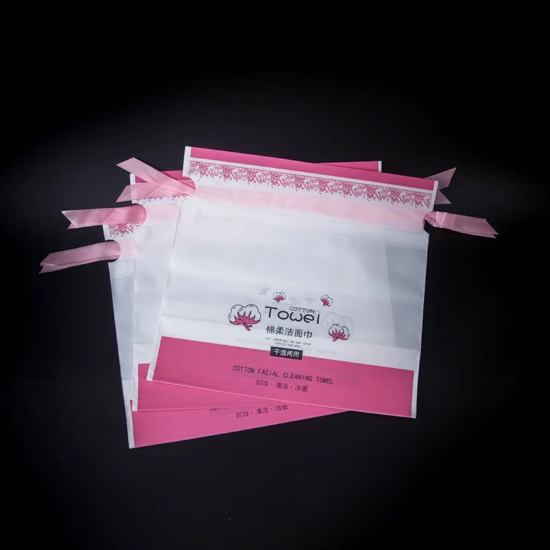 Customizable CPE Facial Cotton Tissue Washcloth Packing Plastic Drawstring Dry Cleansing Towel Packaging Bag Wearing Rope