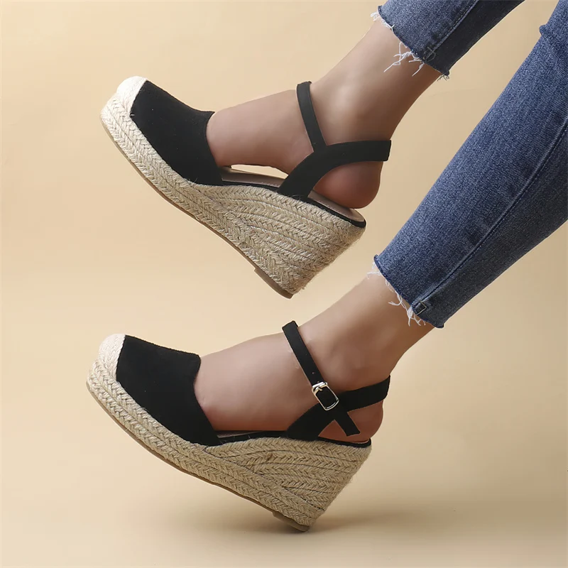 Hot Selling Wedge Sandals Cap Toe Ankle Strap with Buckle, Slingback Summer Platform Shoes Womens Espadrilles Alpargata Esparto