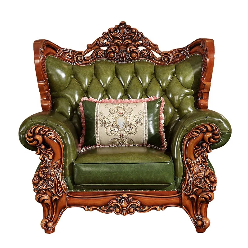 Classical living room full grain leather recliner sofa Factory supply antique wooden sofa furniture set