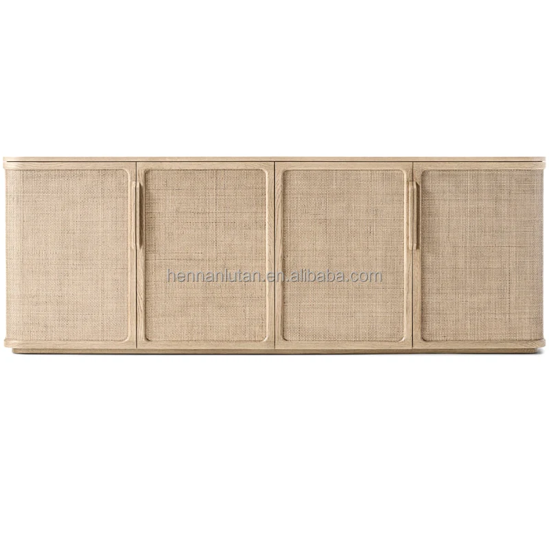 Modern American style living room wood media console French contemporary oak panel 4-door media console