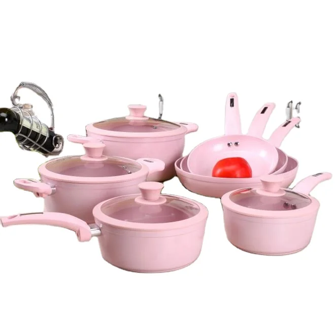 China Aluminum cookware Factory Pots and Pans sets with ceramic non stick coating and pink color