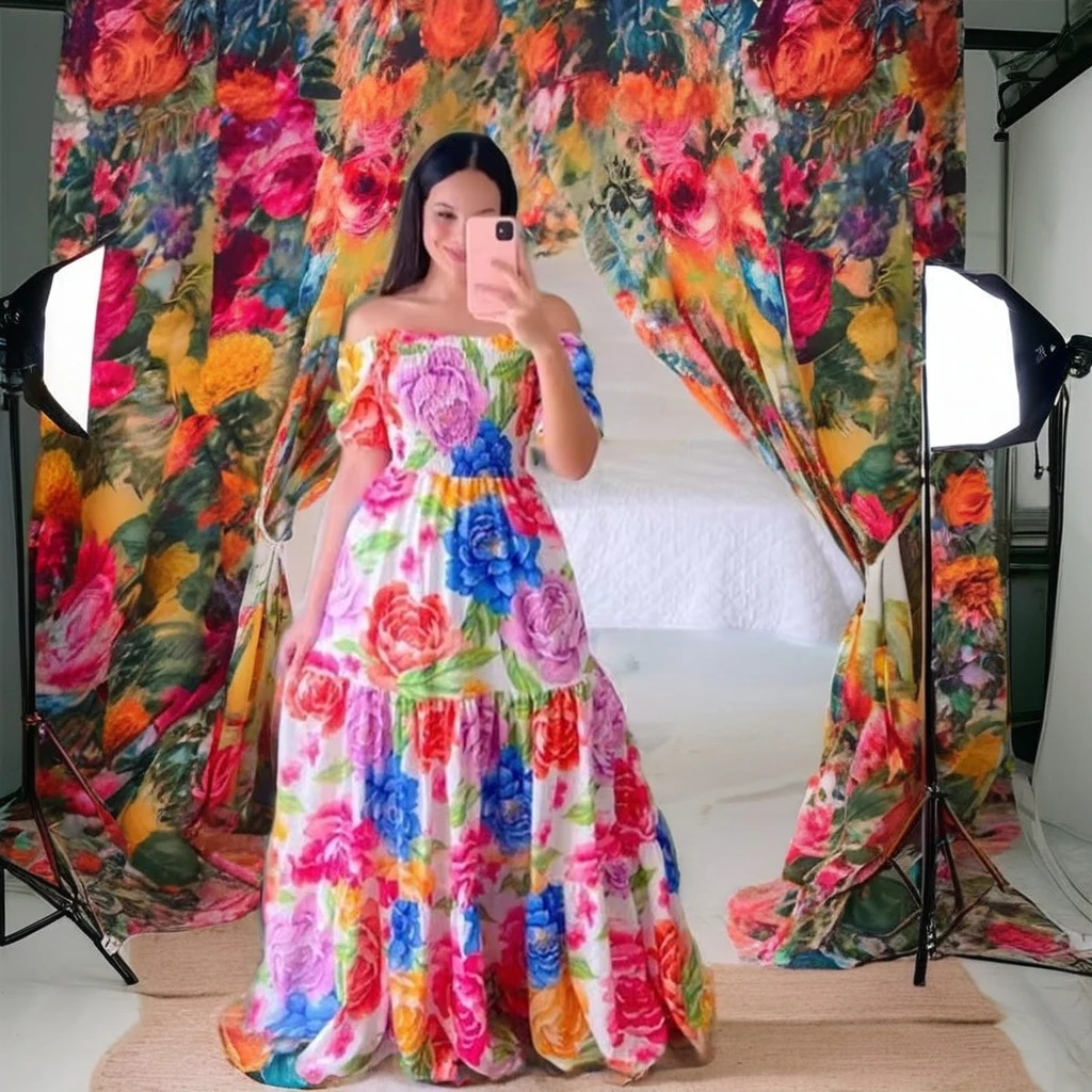 New color flower slim-fit photo dress one line shoulder floral off-the-shoulder long printed fairy dress