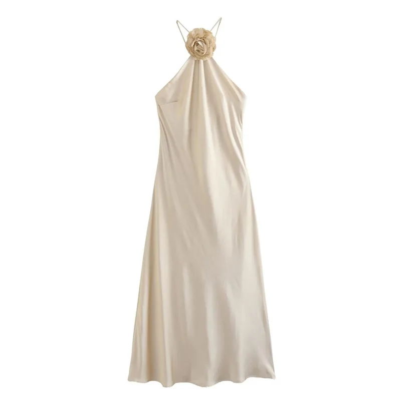 TAOP&ZA 2023 Summer New French Solid Color Evening Dress Long Skirt Backless Satin Texture Applique Halter Neck Dress 1162251