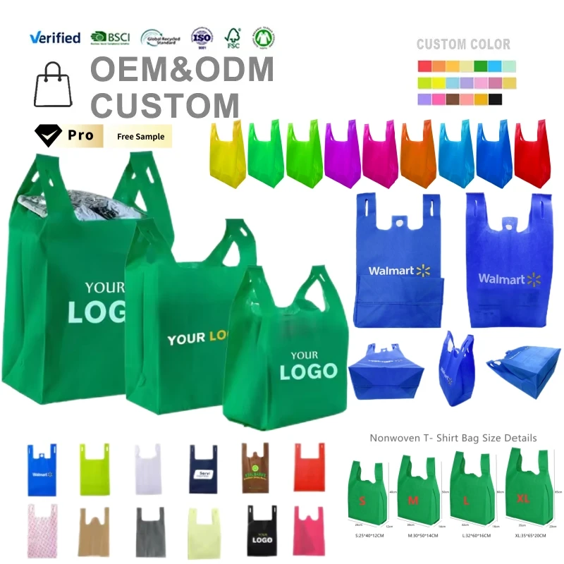 Custom Eco Friendly Reusable D Cut Non woven Supermarket Vest Pack Tote T-Shirt Shopping Bag W Cut PP-Nonwoven T Shirt Bag
