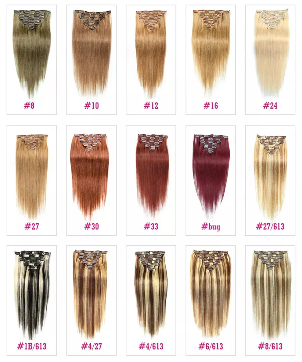 Hot selling 100% clip in human hair extensions 7pcs, 8pcs or 10pcs full head straight virgin Brazilian human hair