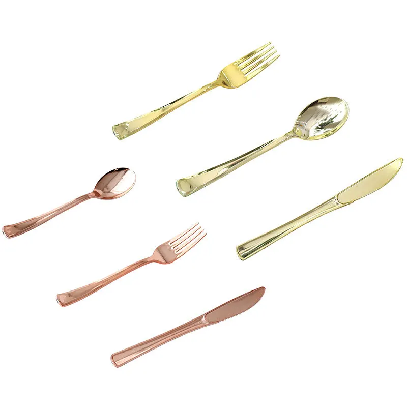 Gold Plastic Cutlery Sets For Wedding and Party Plated Plastic Forks Spoons Knives Plastic Cutlery Set