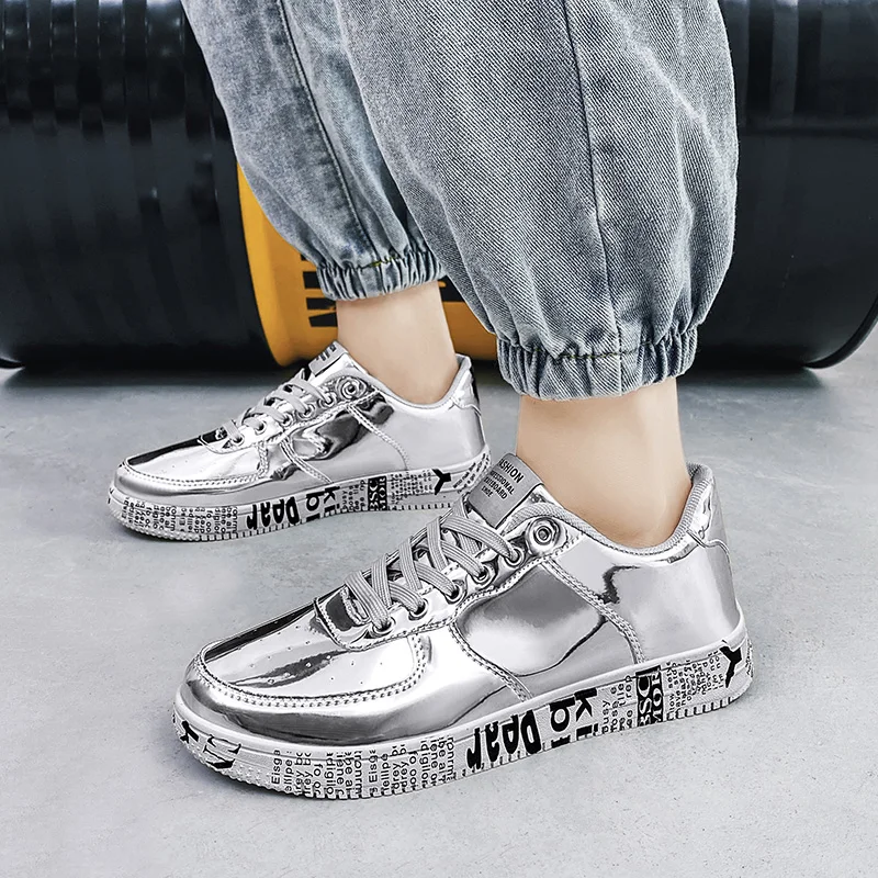 Patent Leather Upper Design Couple Print Sneakers Street Style Skateboard Sneaker For Girls And Boys