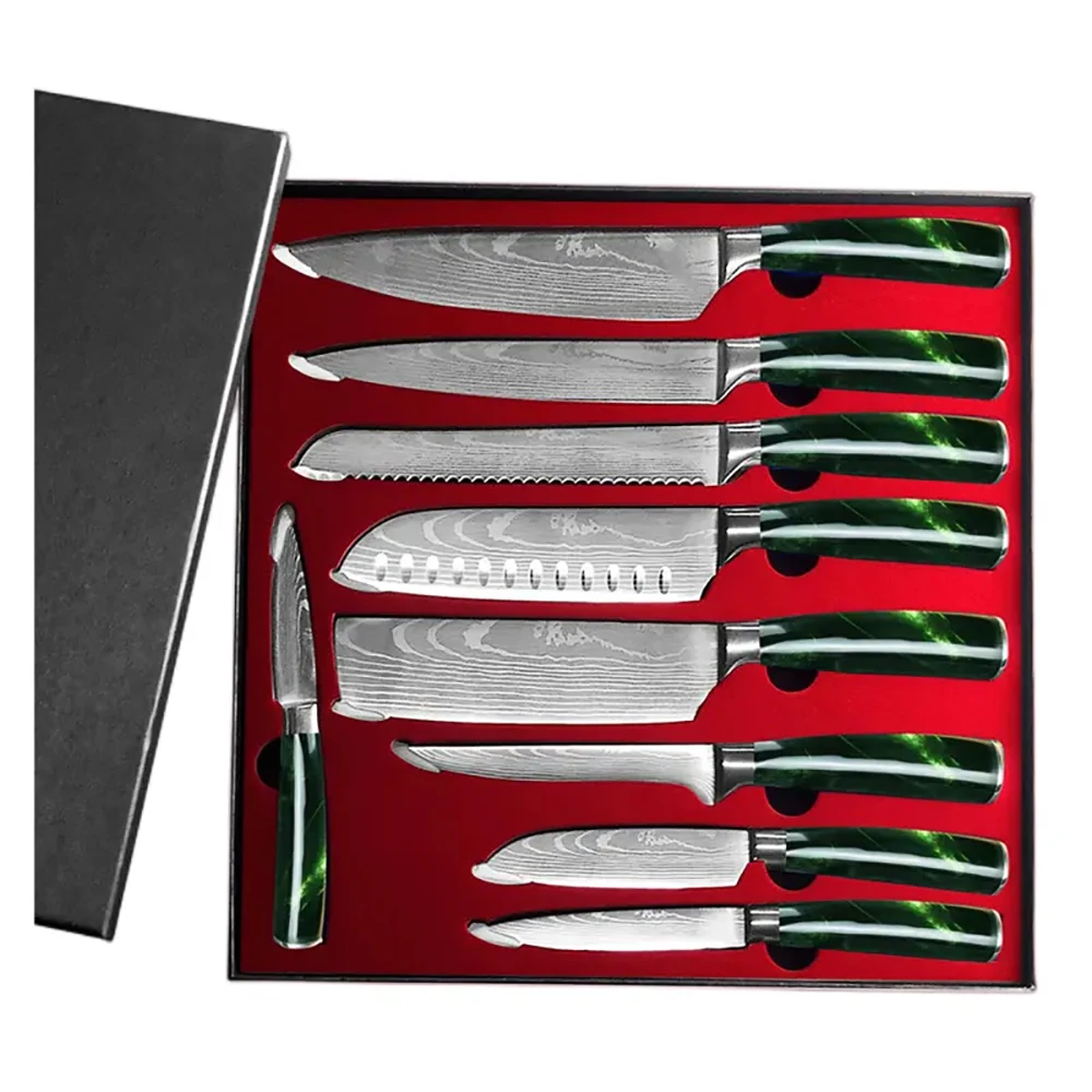 Popular 9 Pieces laser pattern german steel colorful handle boxed kitchenware knife gift set