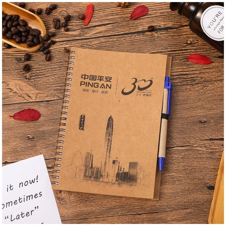 Спиральный чехол из натуральной крафт-бумаги с логотипом на заказ, блокнот А5 с ручкой