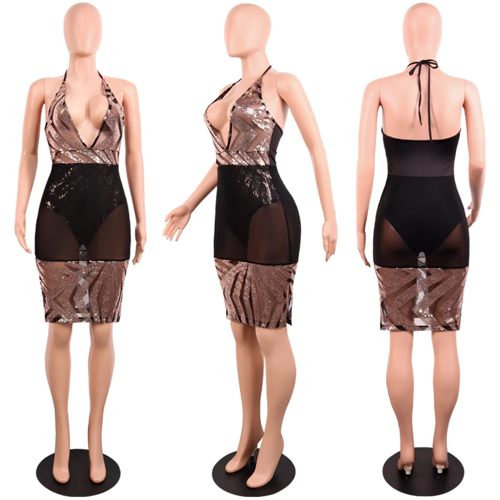 YH 2019 deep V night party sexy women clothing bandage sleeveless mesh nightclub sequin dress