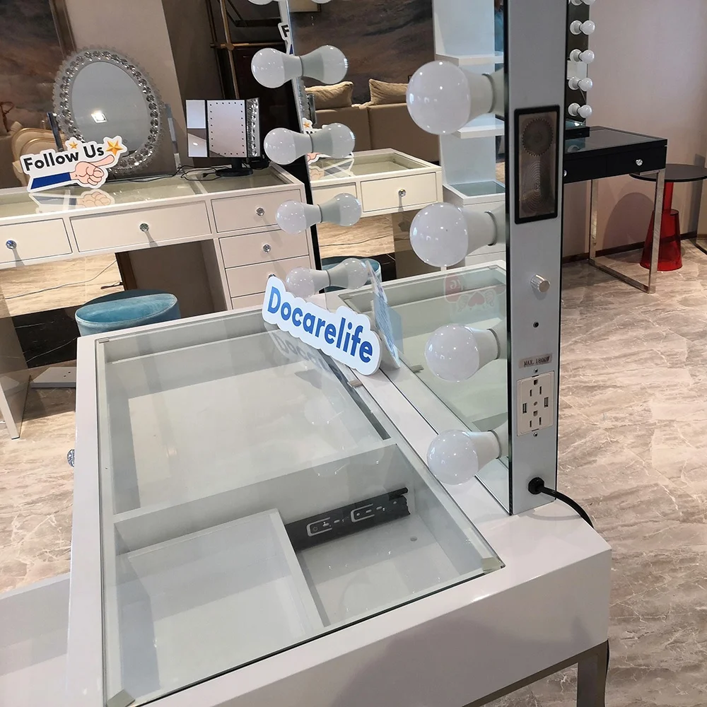 Docarelife Modern Bedroom Set  Vanity Table Set With LED Light Mirror Make Up Dresser Smart Furniture