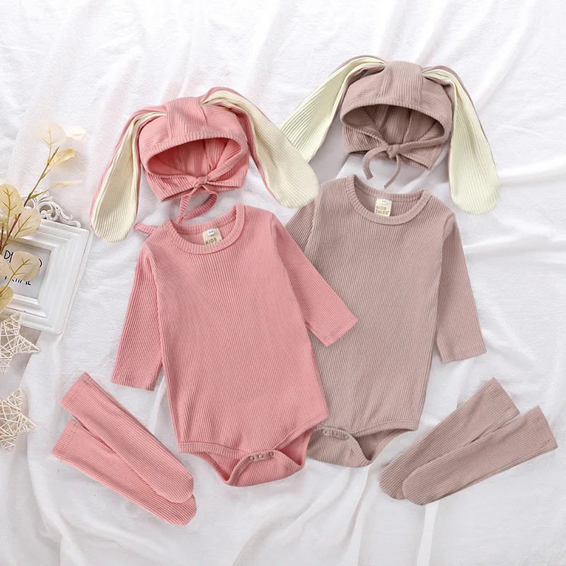 Easter Day Newborn Solid Knit Romper Socks Rabbit Hat 3 Piece One-Piece Suit Long Bunny Ear Ribbed Bodysuit