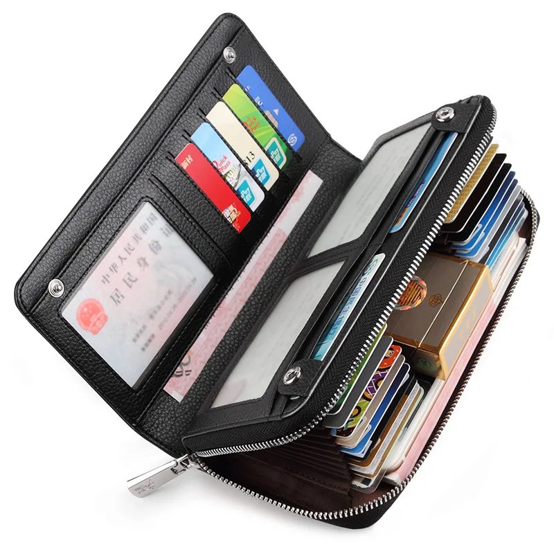 WILLIAMPOLO business men leather wallet long rfid credit card holder alloy zipper clutch large capacity phone leather wallet men