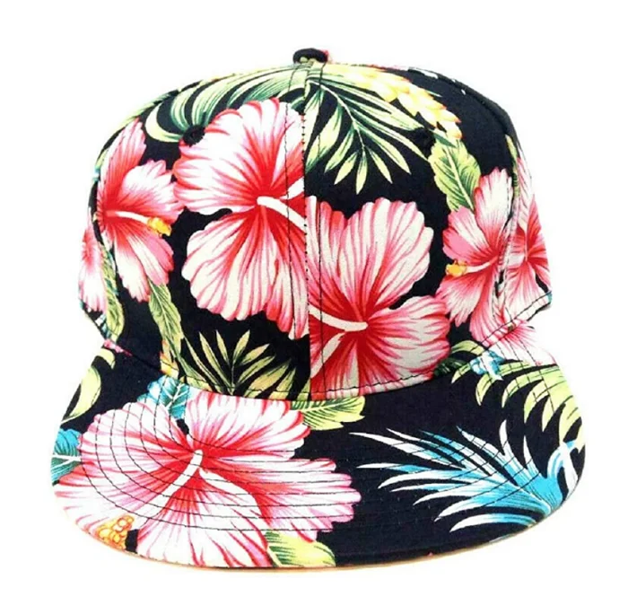 Wholesale Blank Hawaiian Black Pink Flowers Flat Bill Visor Cotton Full Floral Snapback Hats