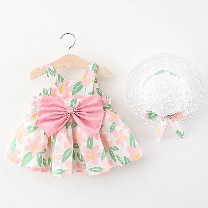 Factory Price summer Sleeveless kids Beach Children flower smocked frock toddles Cheap girls cotton casual dress with hat