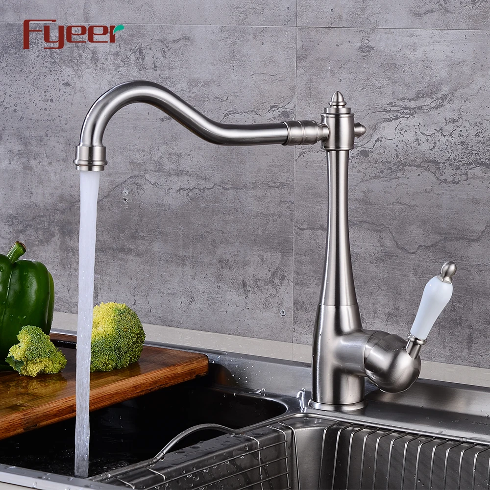 Fyeer Solid Brass Brush Finishing Kitchen Sink Mixer with Ceramic Handle