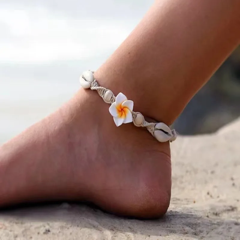 Summer Bohemian Beaded Anklet for Women Handmade Knot Polymer Clay Flower Wood Bead Woven Shell Anklet  for Women Girls Gifts