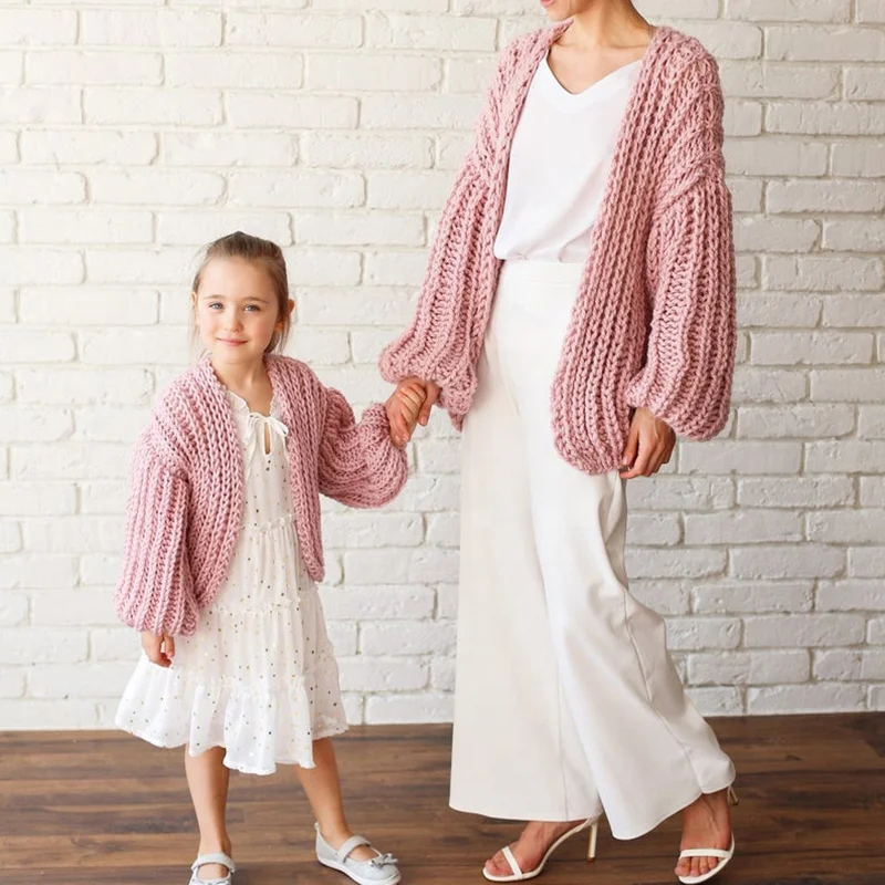 High Quality pink lantern sleeve knit cardigan sweater family mommy daughter matching clothing