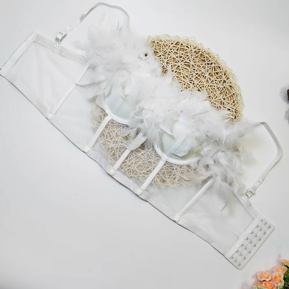 Ladies Sexy White Babydoll Bustier Crop Tube Top Bra For Nightclub Black Sheer Feather Corset