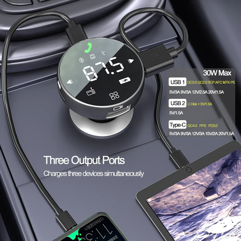 Bluetooth FM Transmitter Audio Aux Modulator Dual USB Type C Fast Car Charger BT 5.0 Handsfree Call Car Kit Car Radio MP3 Player