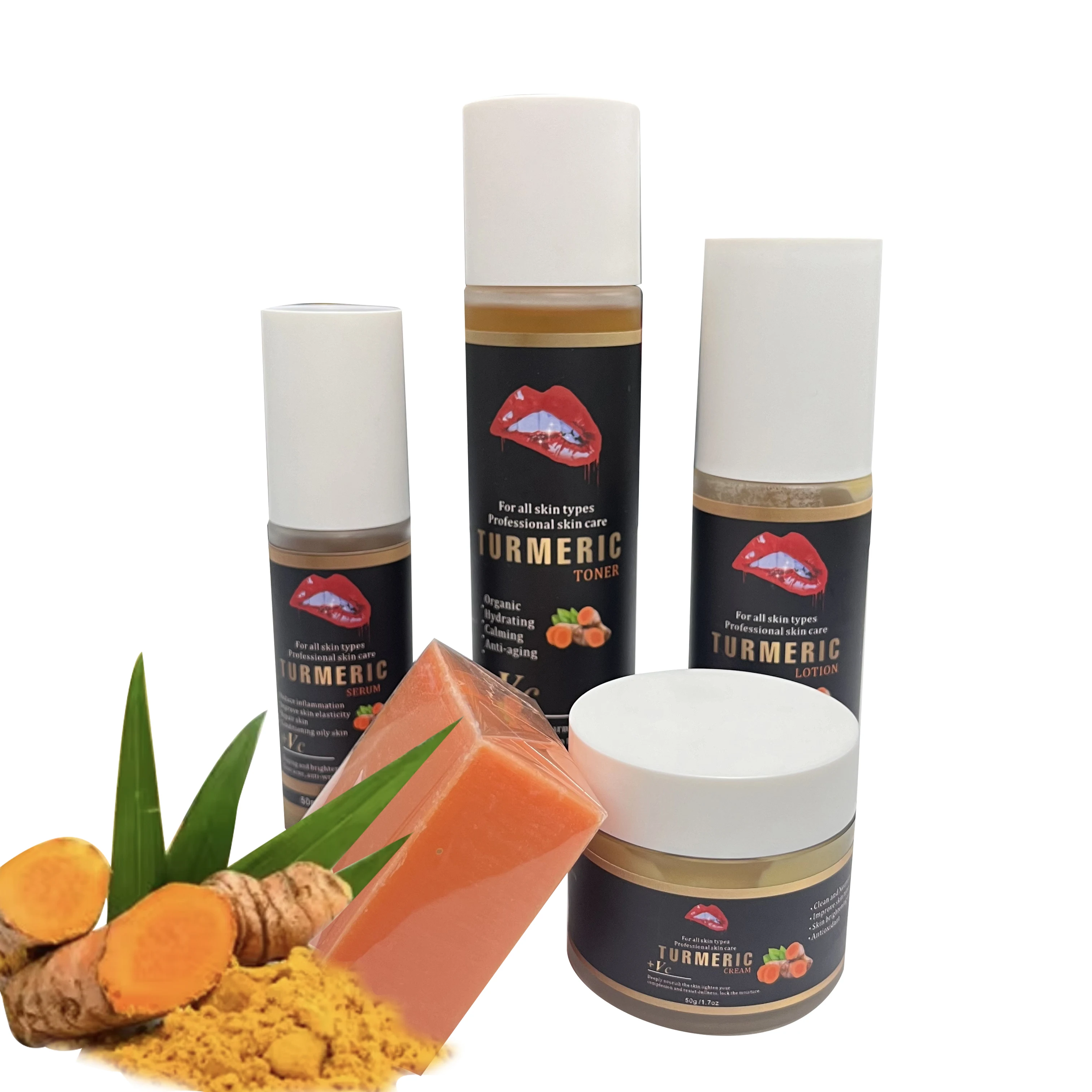 Low Moq Private Label Turmeric Skin Care Set for Brown Skin Face Care Whitening Turmeric Skin Care Set