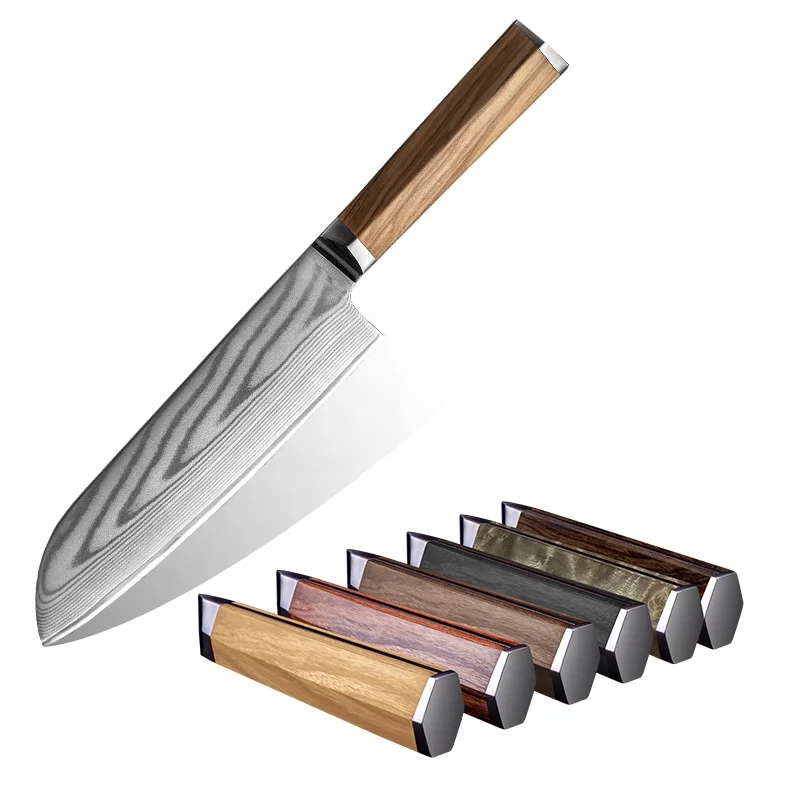 Custom Logo Damascus Knife Aus10 Steel Core 67 Layer Olive Wood Handle Santoku